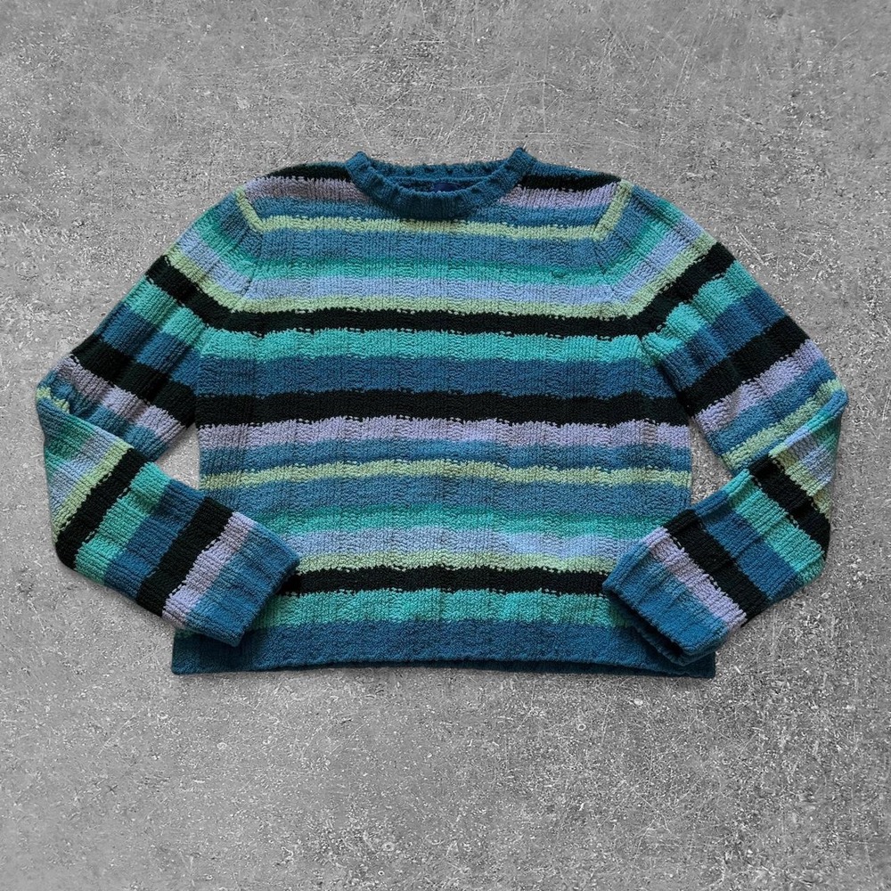 Basic Editions Womens Medium Blue Green Striped Polyester Knit Sweater 90s Y2K
